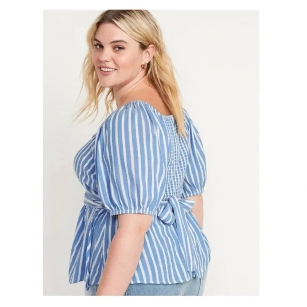 Old Navy Blue White Stripe True Wrap Top Blouse 4X Puff Sleeve Plus EUC 4X #1018